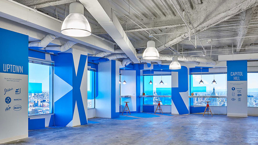 A large room with blue walls and white walls.