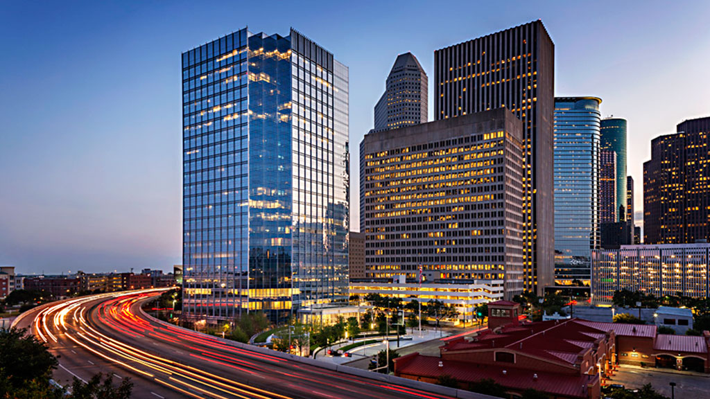 A city with tall buildings.