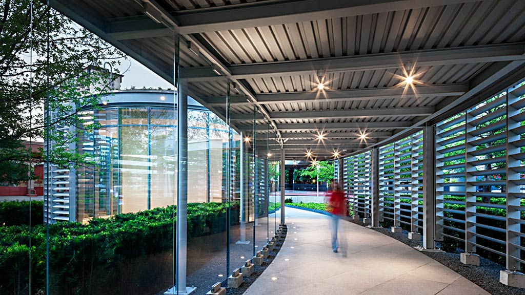 A walkway with glass walls and plants.