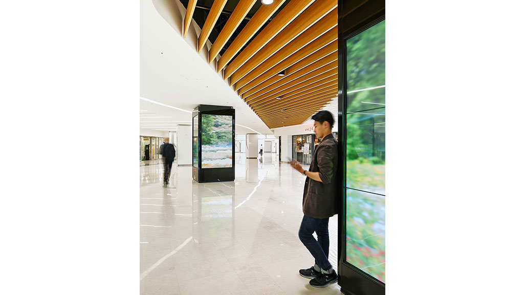 A person looking at a display.