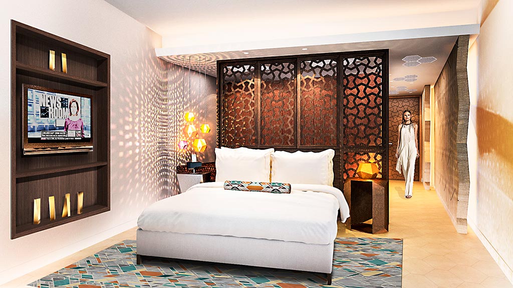 A person in a white dress in a room with a large bed.