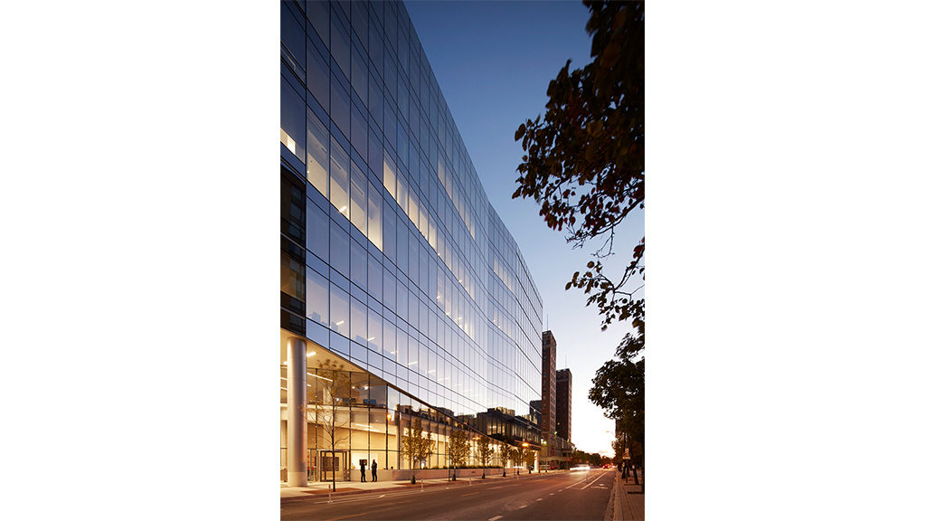 A large glass building.