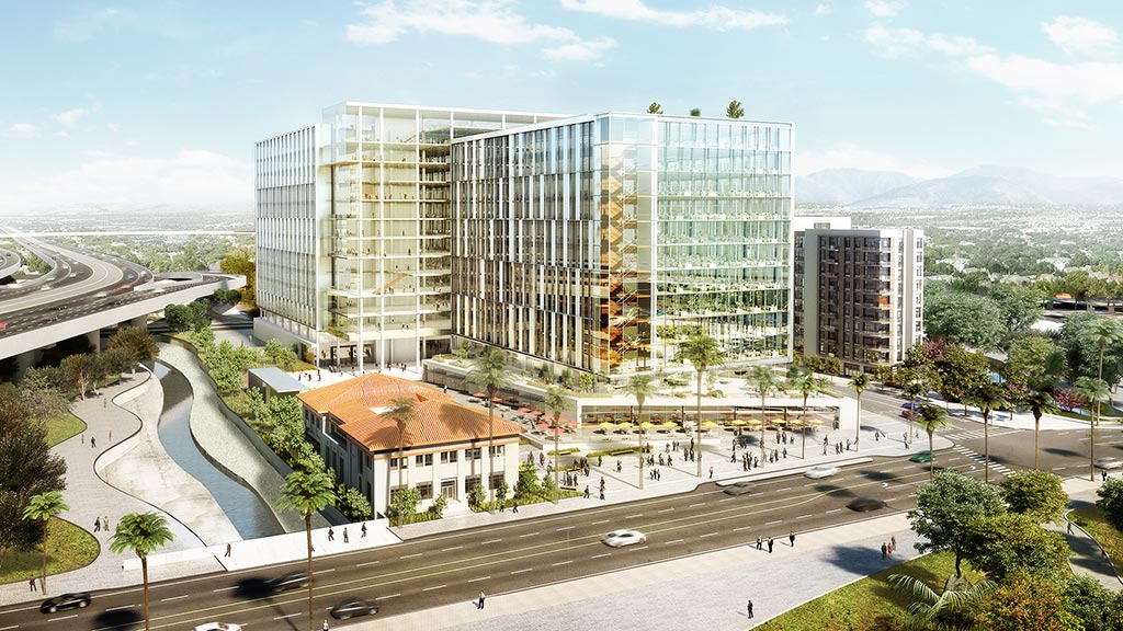 A large glass building.