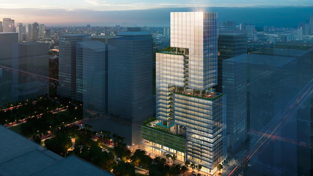 A city with tall buildings.