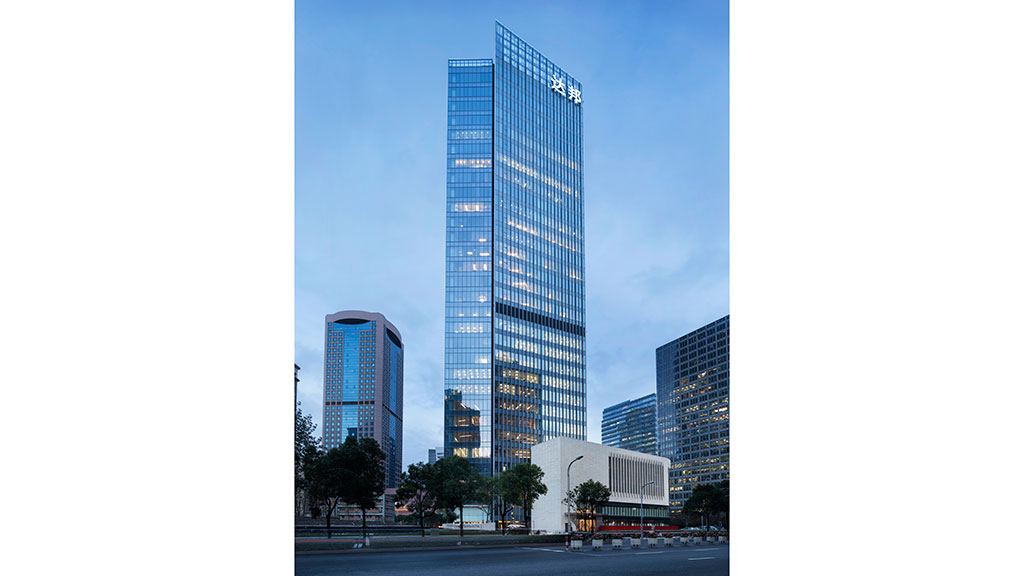 A tall glass building.