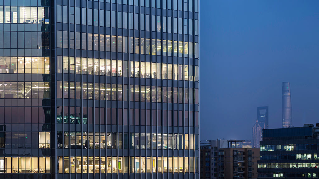 A building with glass windows.