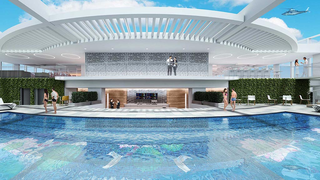 A swimming pool with people in it.