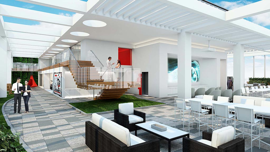 A building with white chairs and tables.