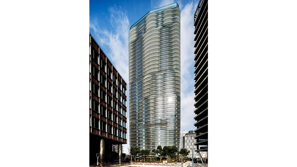 A tall glass building.