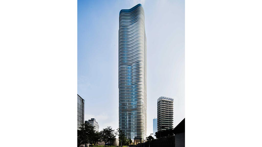 A tall glass building.