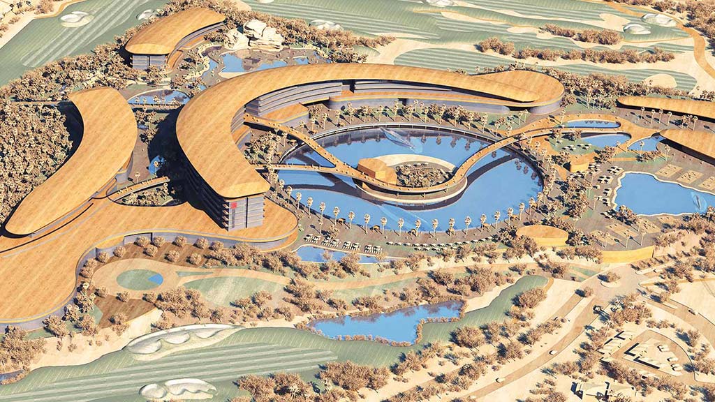 A large circular building with a pool.