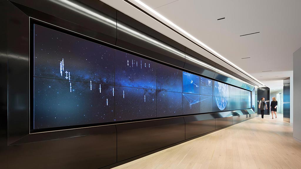 A large blue screen in a room.