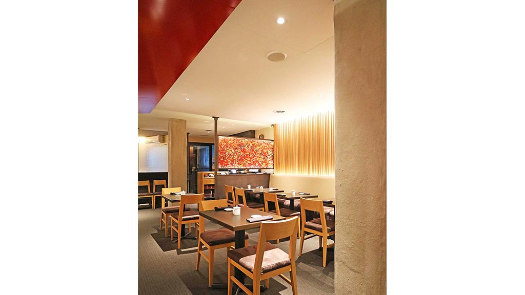 A room with tables and chairs.