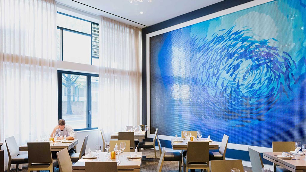A person sitting at a desk in a room with a large blue screen.
