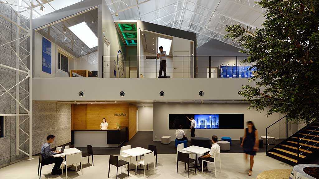 A group of people in a building.