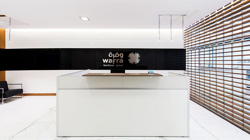 A white desk in a room.