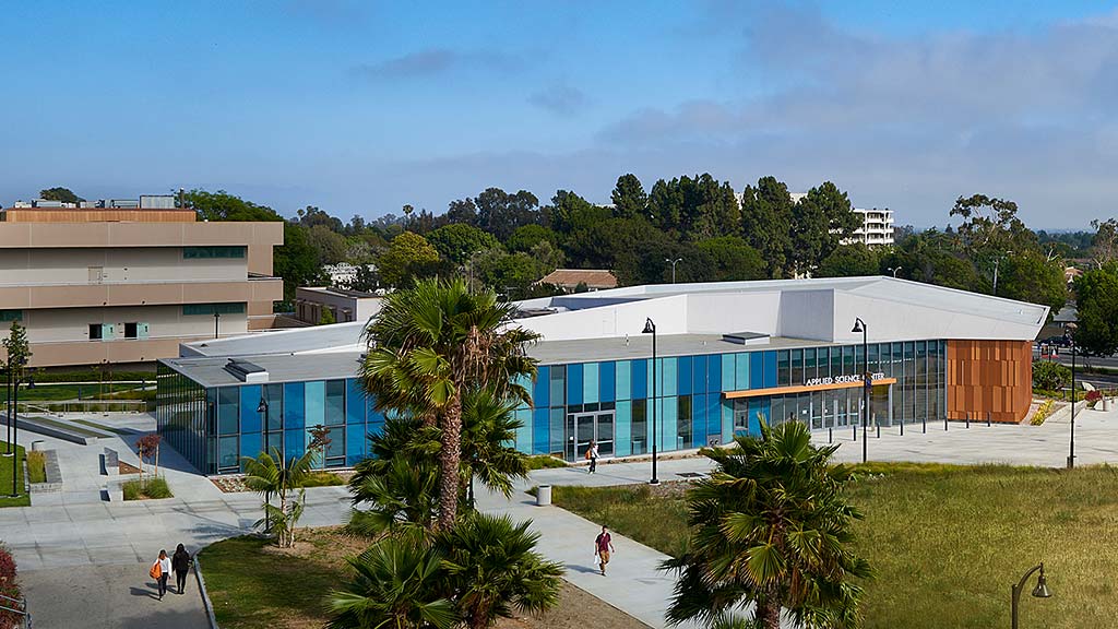 A building with a blue roof.