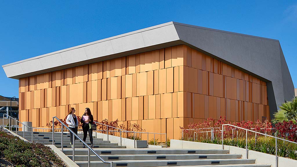 A couple of people walking up stairs to a building.