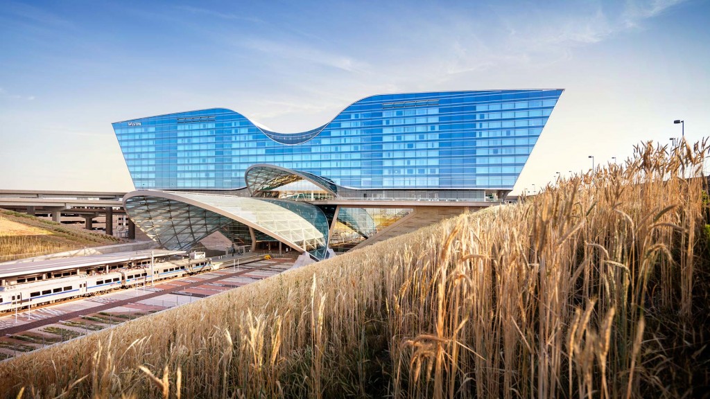 A large building with a glass front.