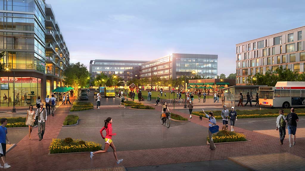 A group of people walking around a plaza with buildings in the background.
