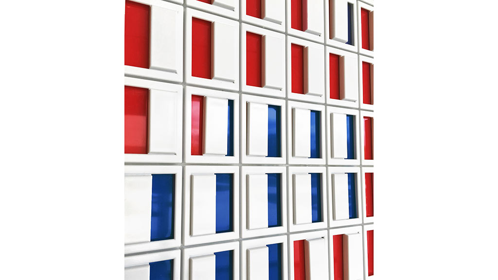 A white and red building.