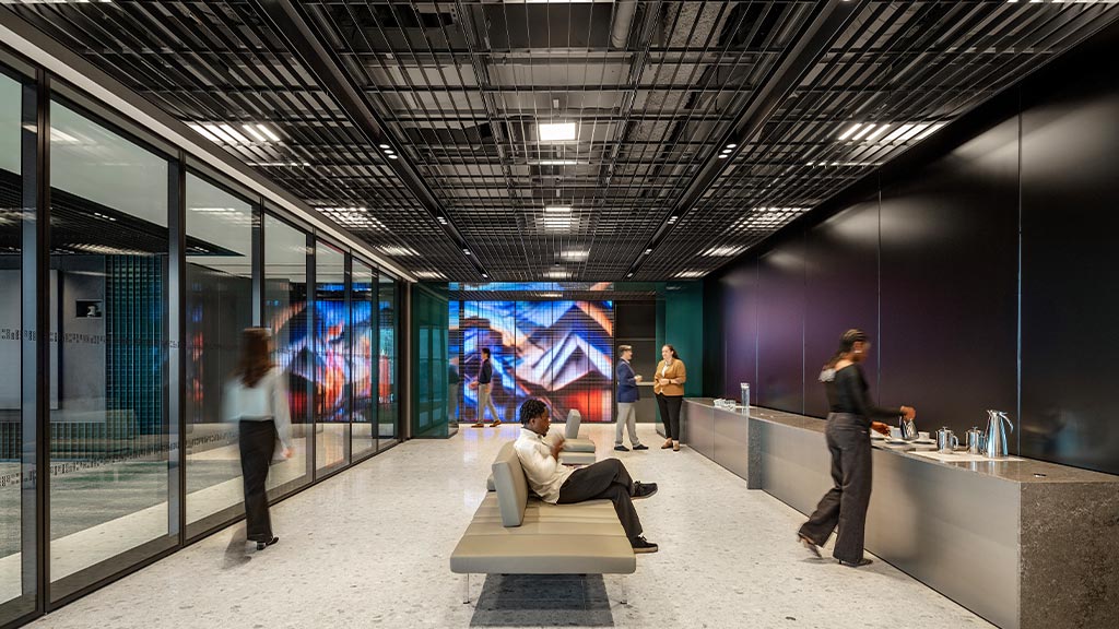 A group of people in a building.