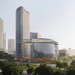 A large building with a glass front.