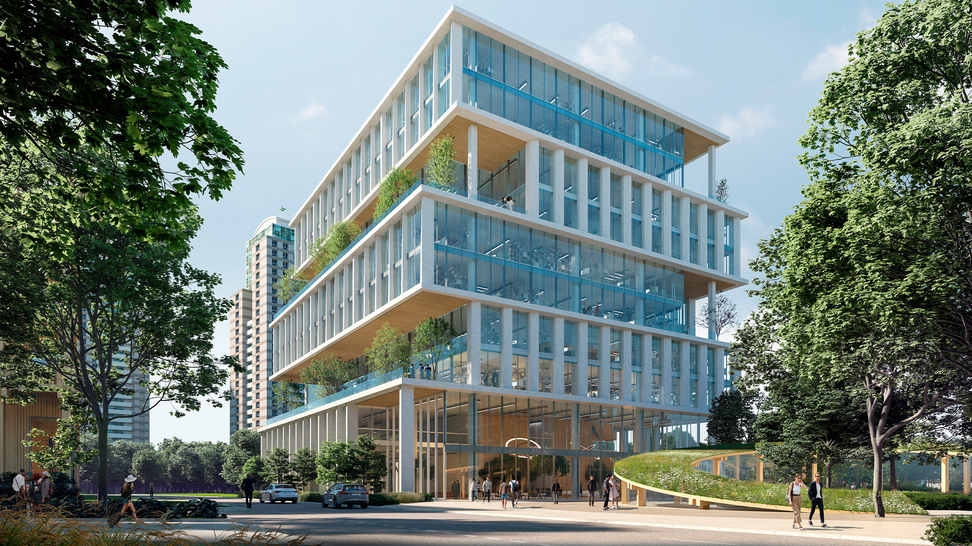 A large glass building.