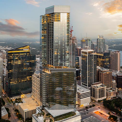 A city with tall buildings.
