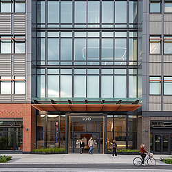 A building with glass windows.