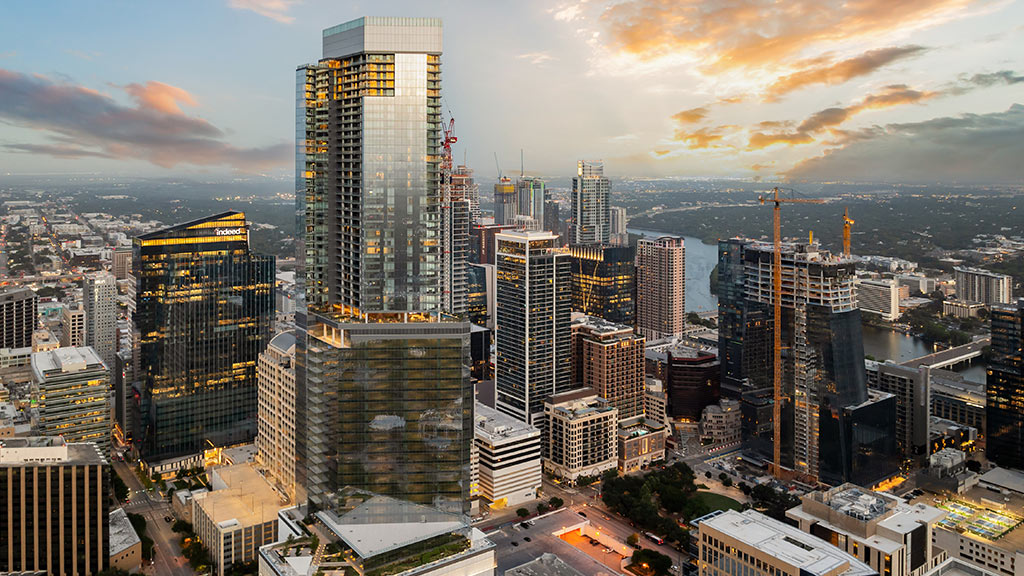 A city with tall buildings.