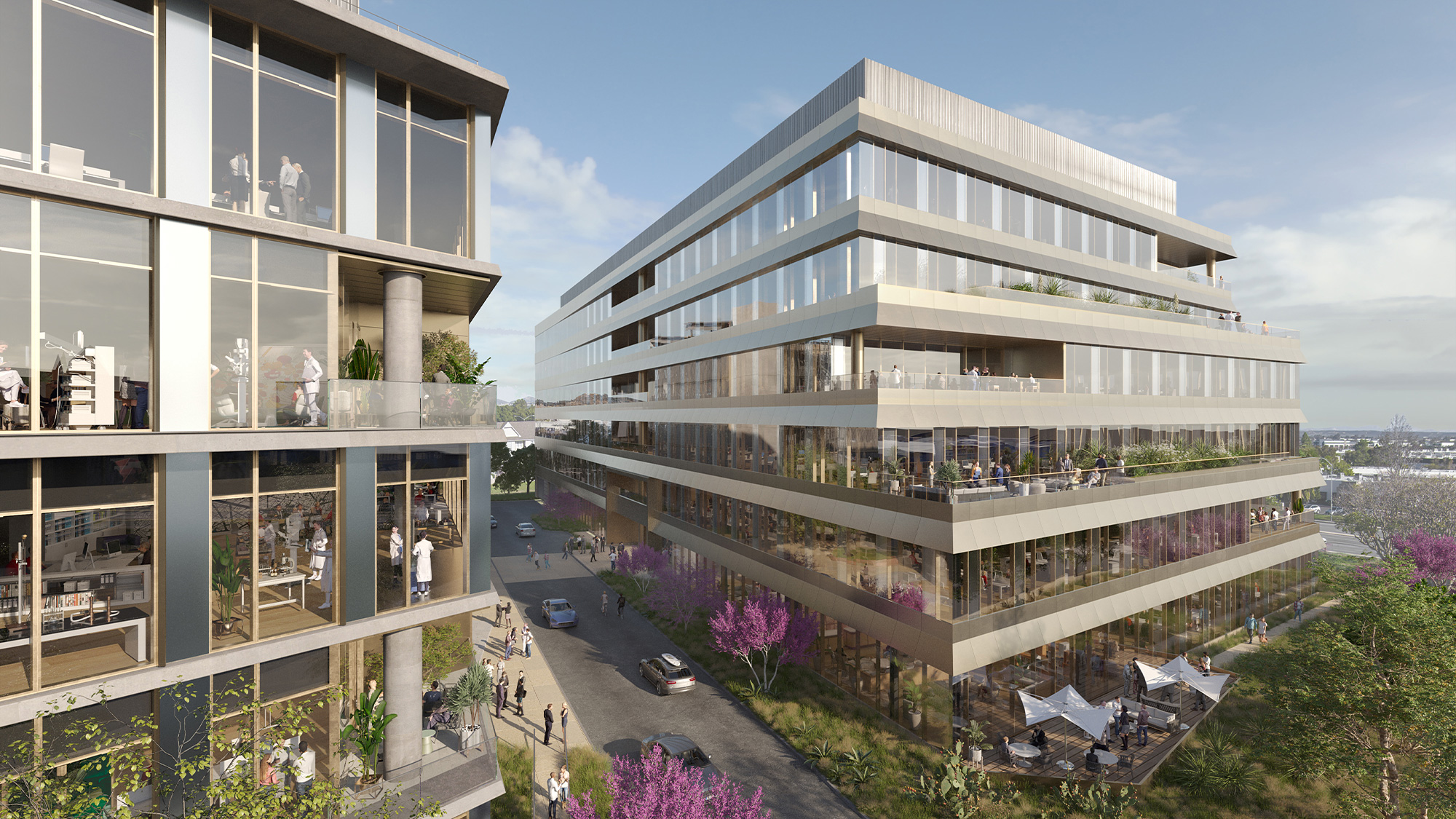 A building with a walkway and cars.