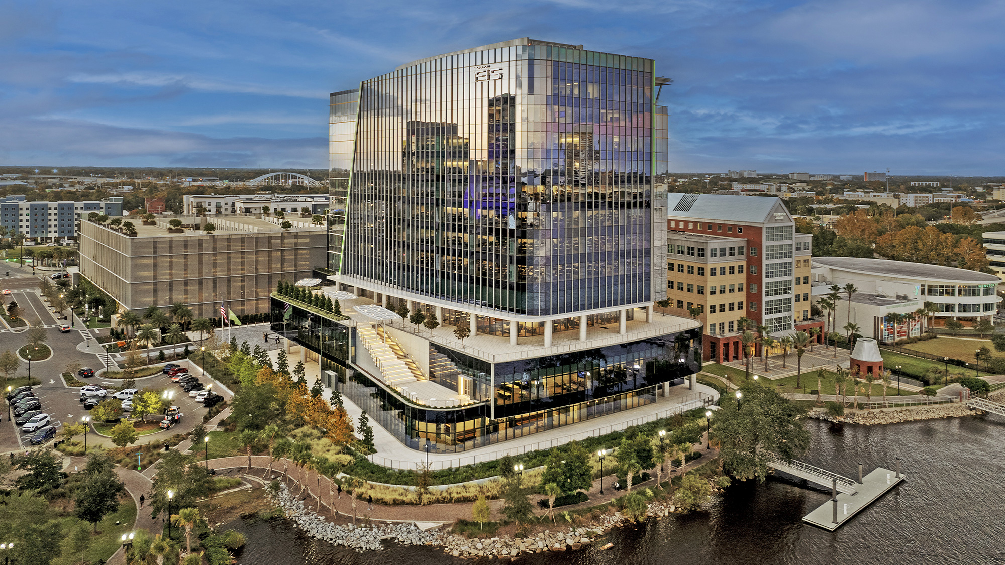 A large glass building.