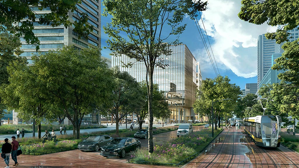 A city street with a bus and cars.