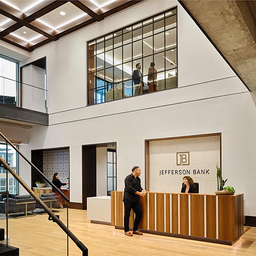 A group of people in a building.