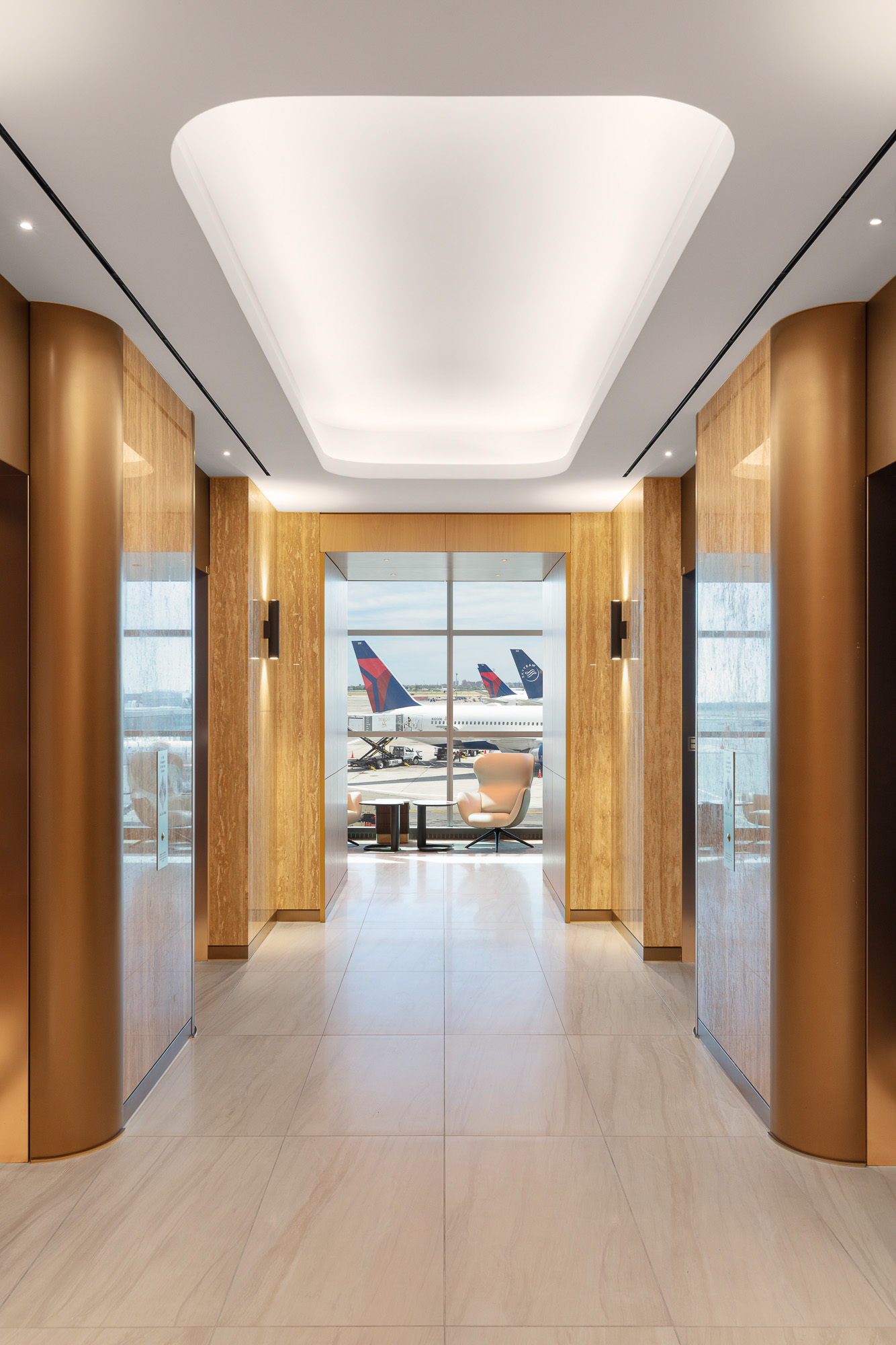 A room with a large glass door.