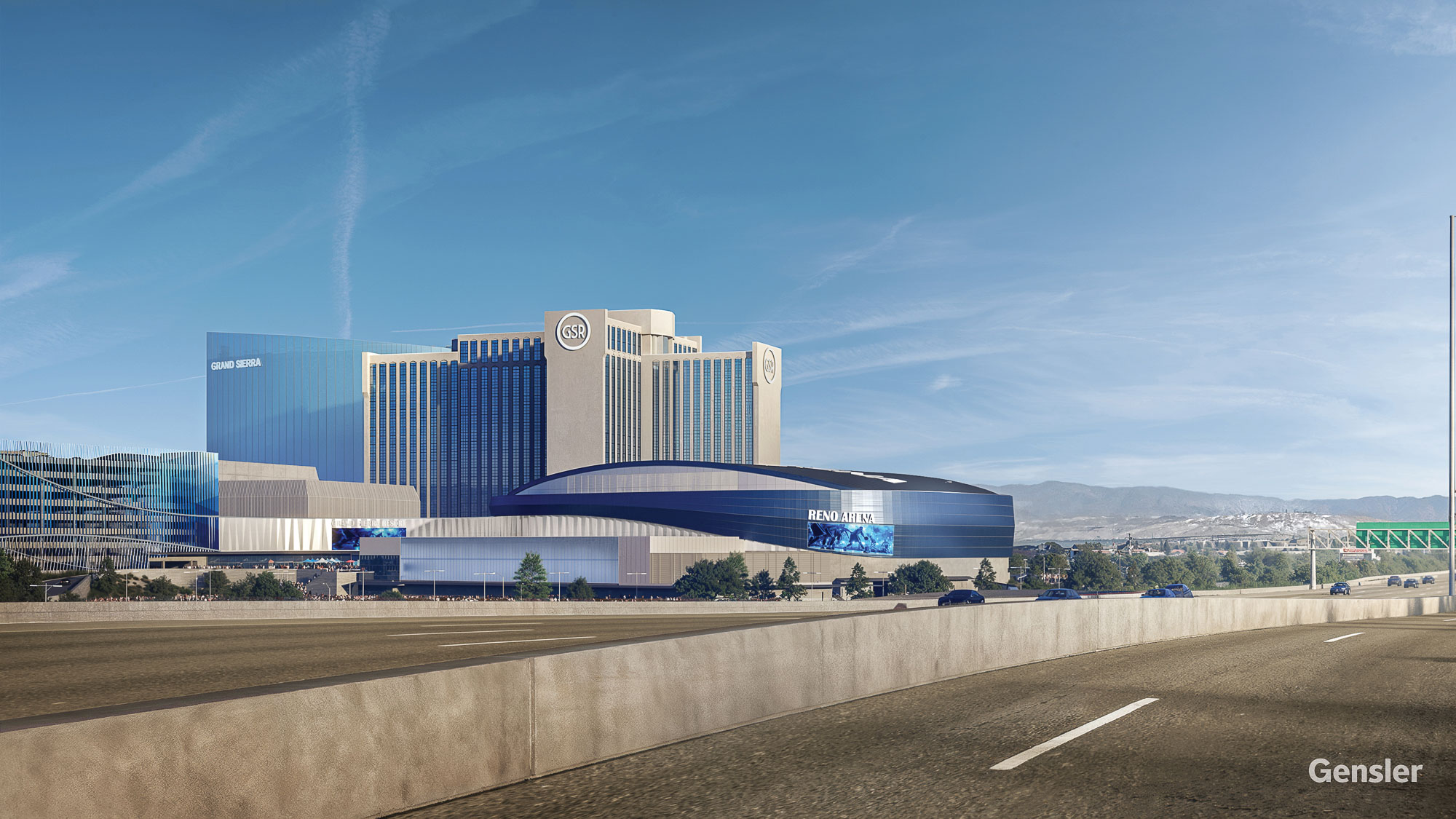 A large building with a parking lot.