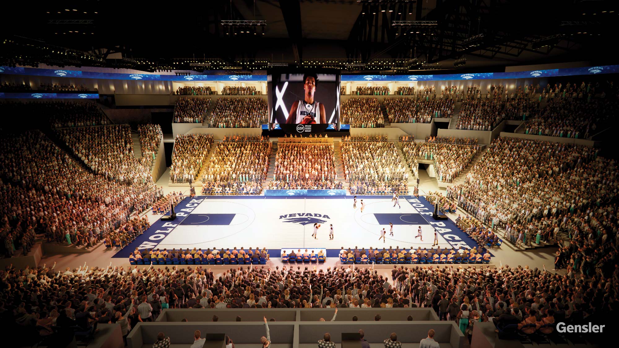 A large arena with a large crowd.