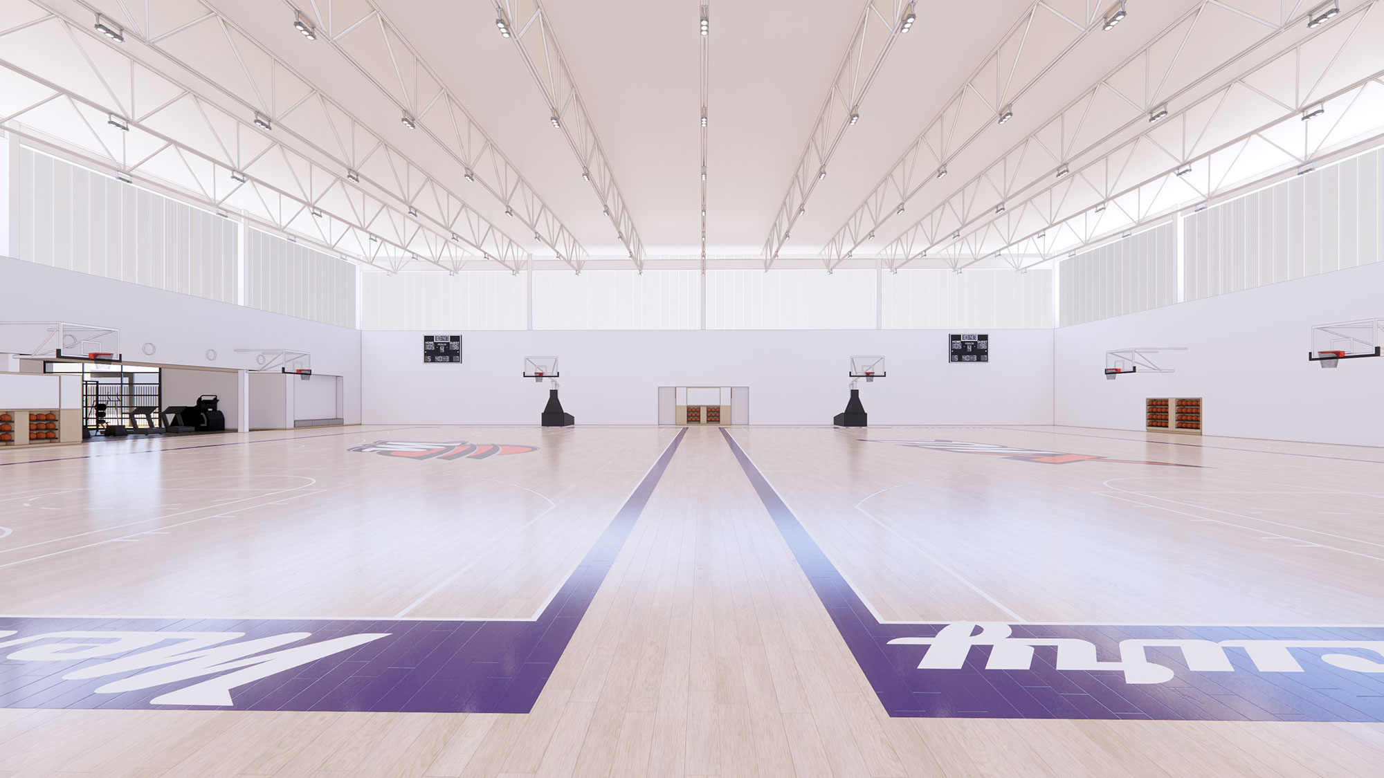 A basketball court with a basketball hoop.