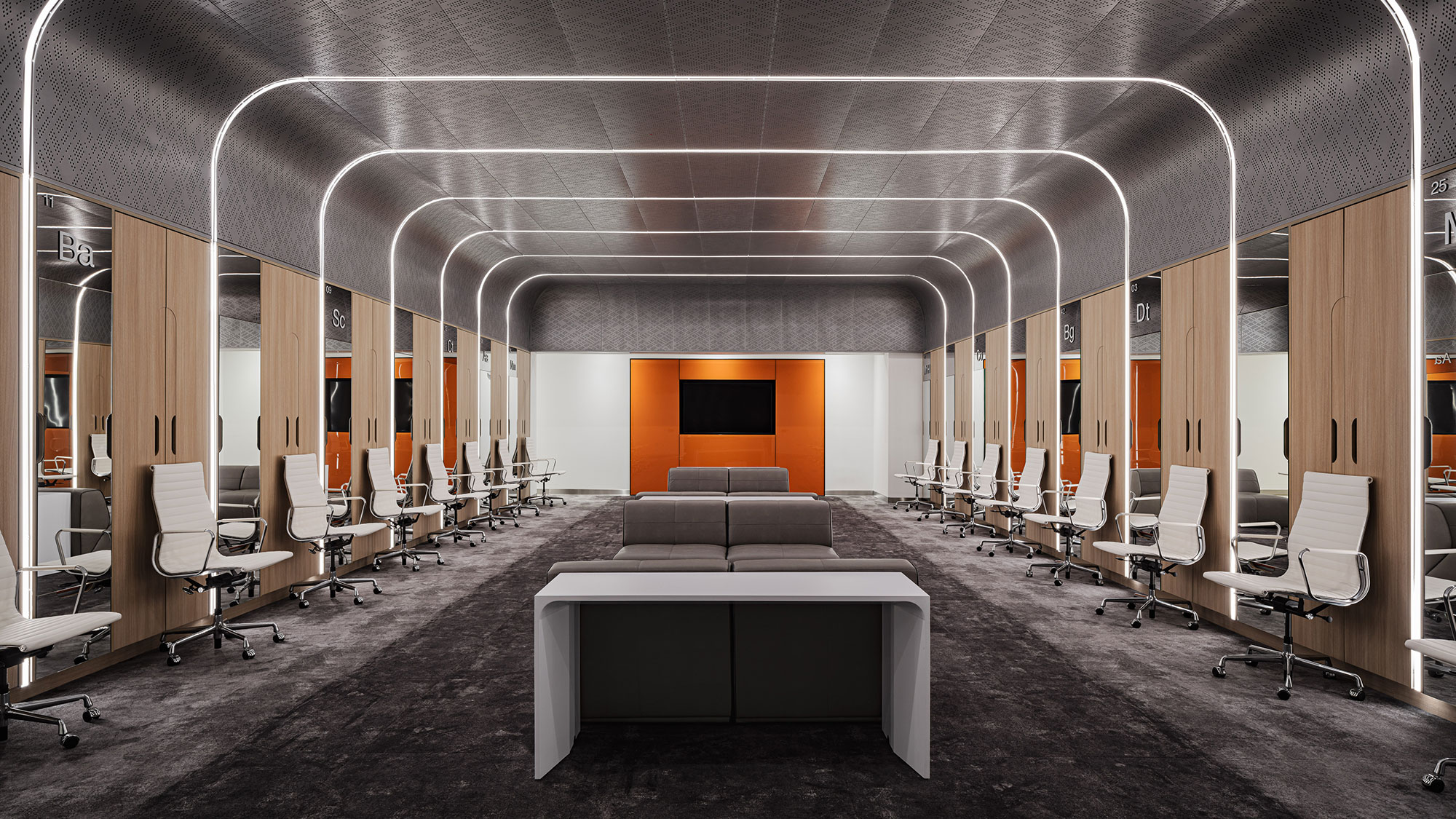 A room with a table and chairs.