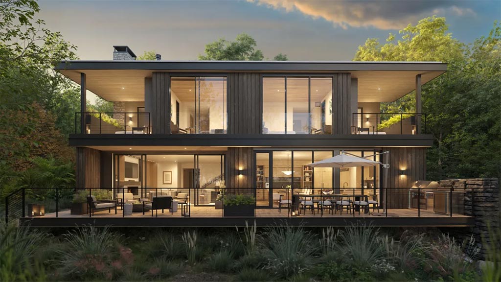 A house with a deck and trees.