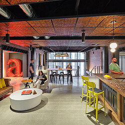 A group of people in a restaurant.