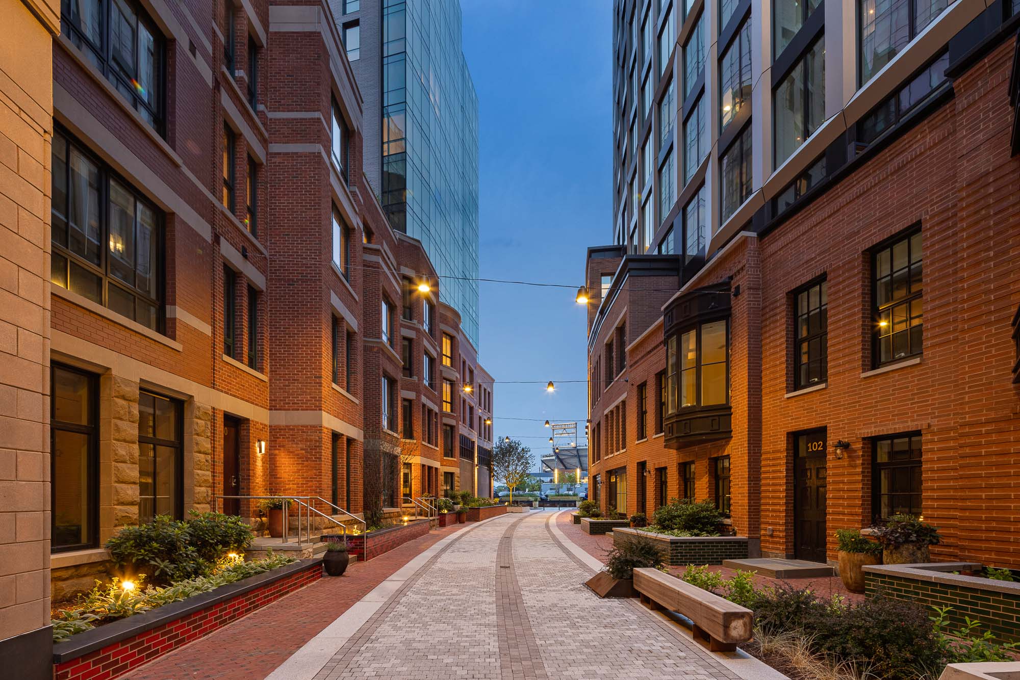 A street between buildings.