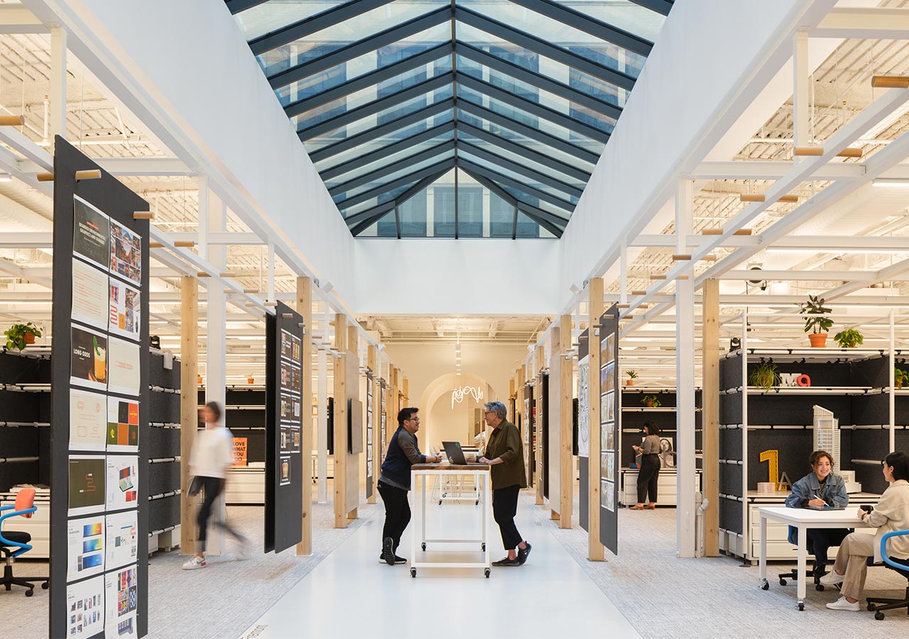 A group of people in a building.