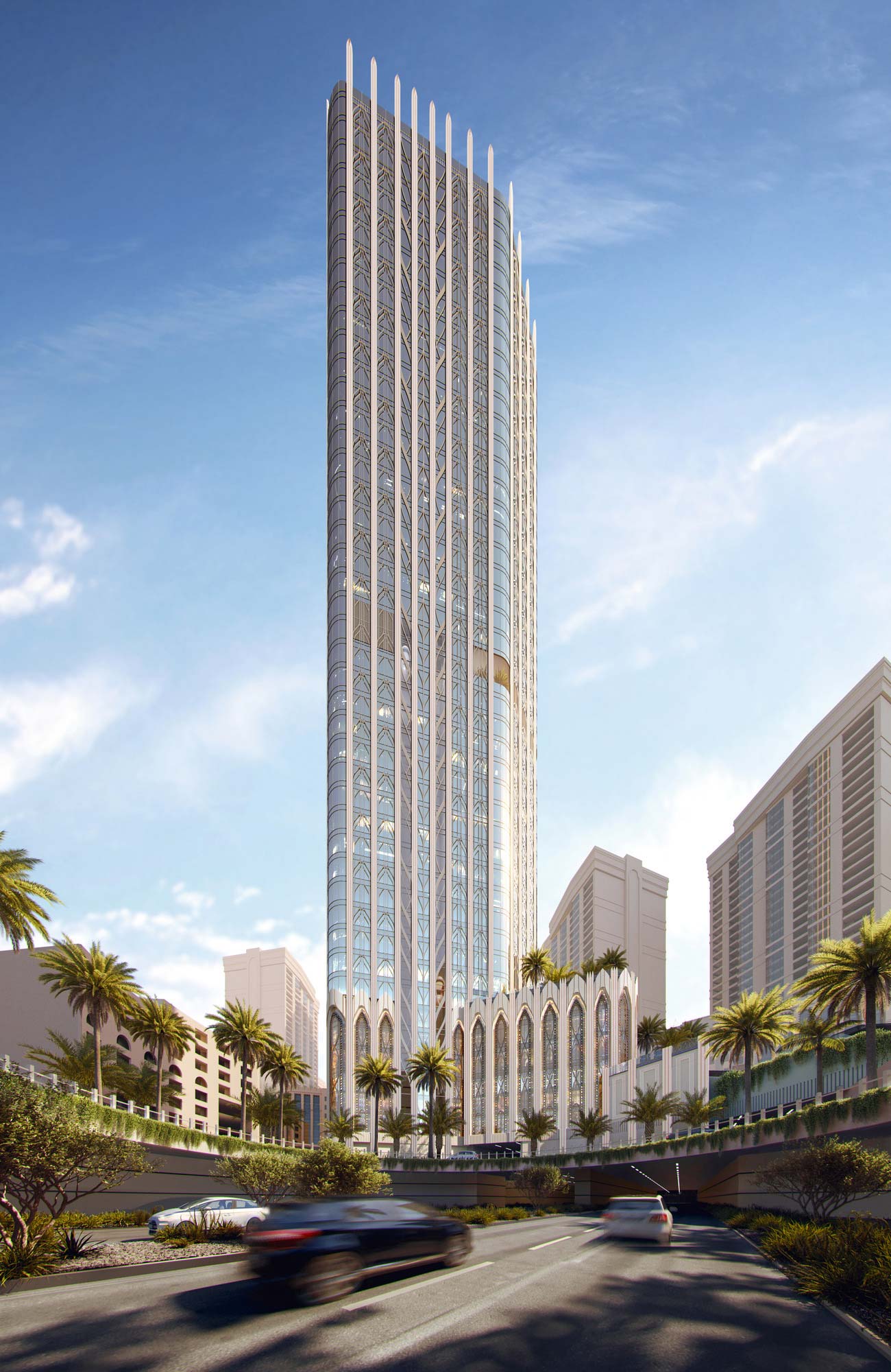 A large building with a courtyard and trees in the front.