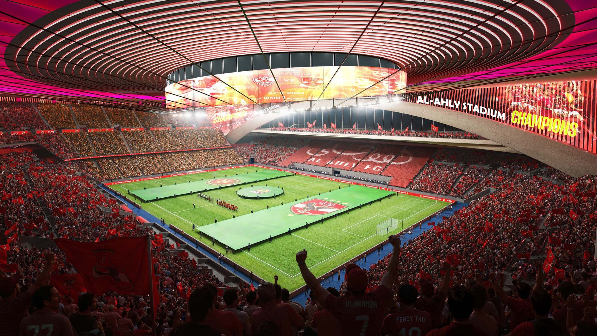 A large stadium with a field and a field with people in it.