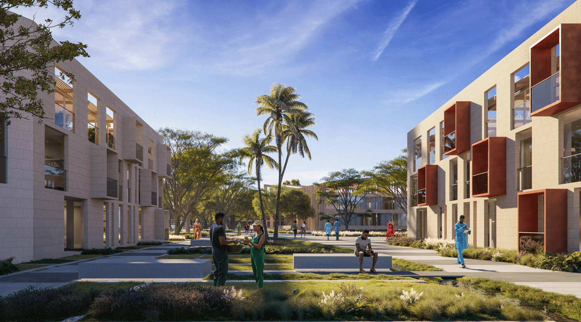 A building with balconies and trees in front of it.