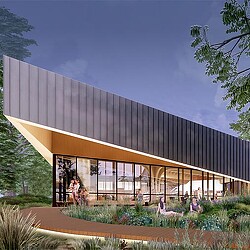 A building with a glass front.