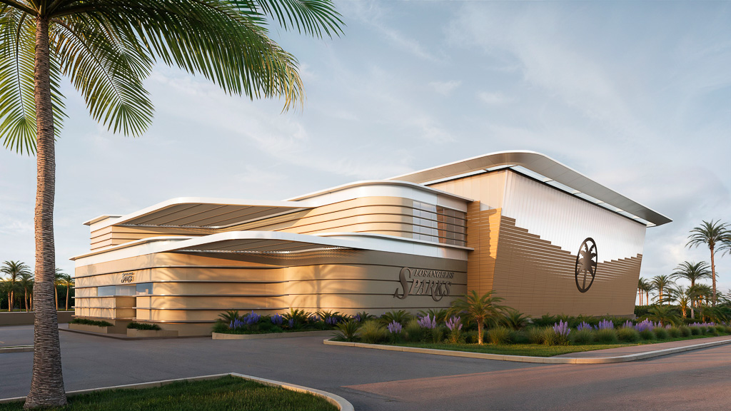 A building with palm trees.