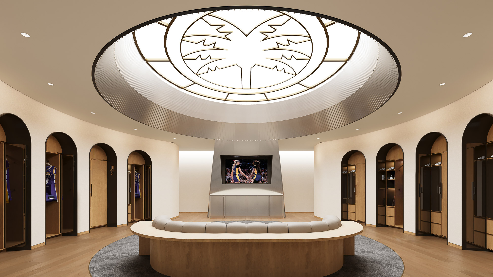 A large room with a large round ceiling and a large round mirror.